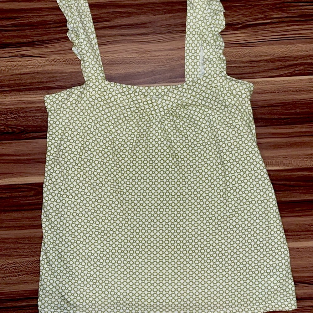 Old Navy, off-white and light green circle print tank top with ruffled straps.